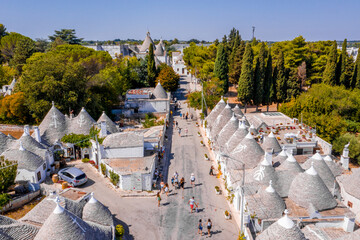 Aerial view of the traditional trulli houses in Arbelobello, province Bari, region Puglia, Italy