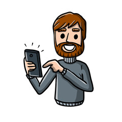 Man with mobile phone. Cartoon hand drawn sketch illustration. Young guy with modern device. Happy character