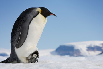 Emperor Penguin and Chick on her Feet,  Antarctica