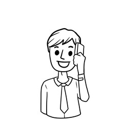 Bearded Man with mobile phone. Cartoon hand drawn sketch illustration. Boy with modern device