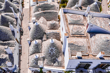 Aerial view of the traditional trulli houses in Arbelobello, province Bari, region Puglia, Italy