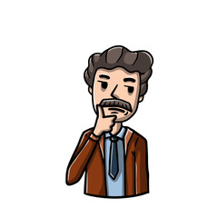 Old thoughtful man holds hand to chin. Dreamy and pensive senior. Gesture of doubt. Complex issue. Solve problems. Suspicion and distrust. Cartoon hand drawn sketch. brooding and wistful emotion