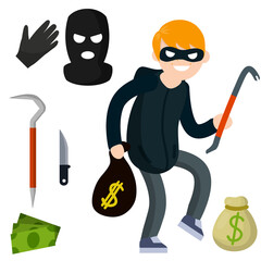 Obraz premium Thief with crowbar. Man offender sneaks. Cartoon flat illustration. Criminal problem. Male robber in black with mask. Set of object - bag, money, knife
