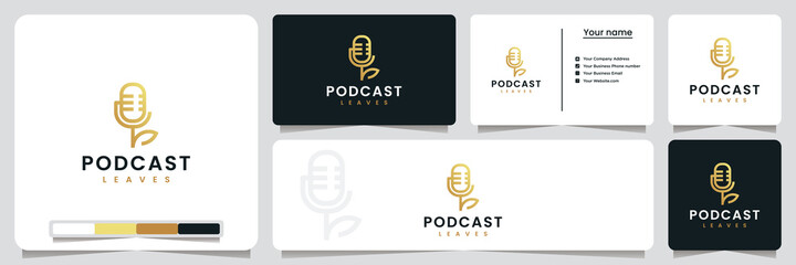 podcast leaves ,with line art style and gold color, logo design inspiration