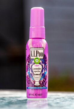 London, England - September 23, 2017: V.I.Poo Air Freshener is an odour neutraliser spray to be used in toilets, made by Airwick in the United States.