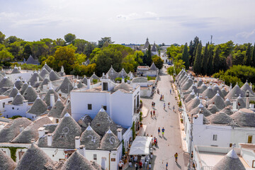 Aerial view of the traditional trulli houses in Arbelobello, province Bari, region Puglia, Italy