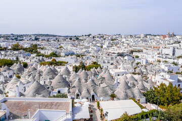 Aerial view of the traditional trulli houses in Arbelobello, province Bari, region Puglia, Italy