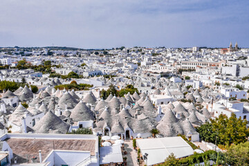 Aerial view of the traditional trulli houses in Arbelobello, province Bari, region Puglia, Italy