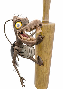 cockroach cartoon is climbing the rolling pin on close up view