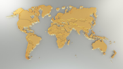 World map with golden continents and countries on a grey background. 3d render