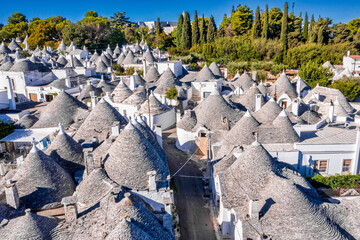Aerial view of the traditional trulli houses in Arbelobello, province Bari, region Puglia, Italy