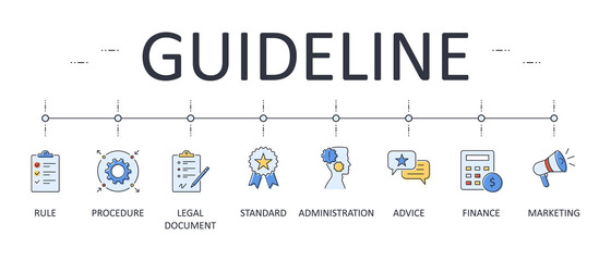 Vector banner guideline. Editable outline infographics icons. Legal document finance marketing advice. Procedure standard administration rules. Simple elements for information, websites