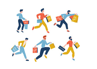 Fototapeta na wymiar Collection of male people carrying shopping bags with purchases. Madness on sale, line of crazy. Only Men taking part in seasonal sale at store, shop, mall. Cartoon characters concept for Black friday