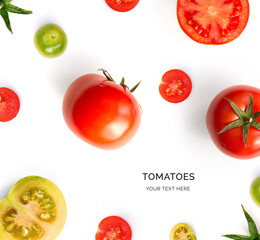 Creative layout made of tomato on the white background. Flat lay. Food concept. Tomato on the white background.