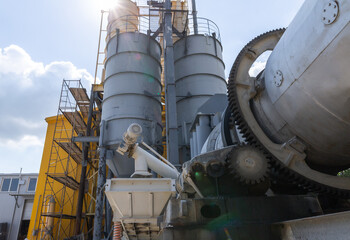 Industrial production of construction mixtures. Tower silos with bulk ingredients. Line for drying...
