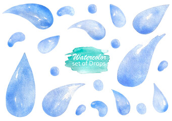 Watercolor set of water drops isolated of a white background. Hand-drawn illustration