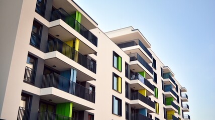 Obraz premium Contemporary residential building exterior in the daylight. Modern apartment buildings on a sunny day with a blue sky. Facade of a modern apartment building