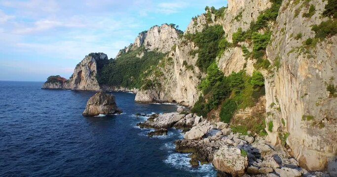 Aerial, rocky cliffs along Amalfi Coast