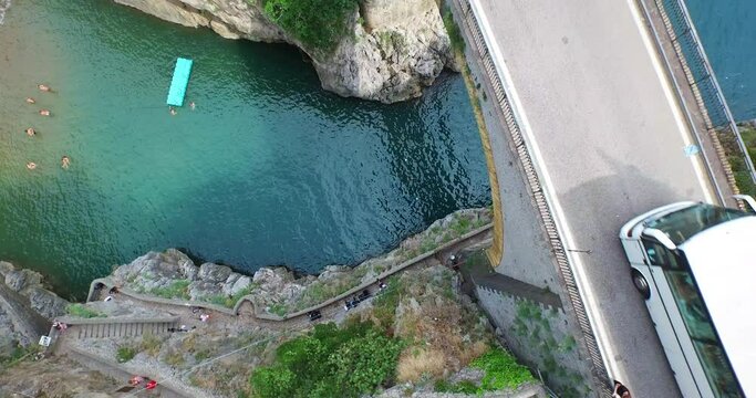 Overhead aerial, Furore Bridge along Amalfi Coast