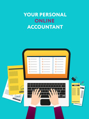 Bookkeeper Top view vector illustration in flat style Poster with bookkeeper working at the laptop on blue backdrop