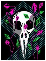 Bird skull and neon flowers and leaves on an abstract geometric background.