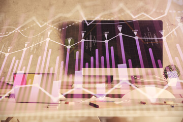 Multi exposure of financial graph drawing and office interior background. Concept of market analysis.