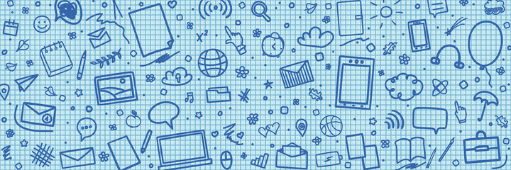 Grid pattern. Checkered background with hand drawn school supplies. Abstract sketches. School background