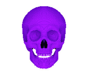 purple pixilated or blocky skull isolated on white, 3d render