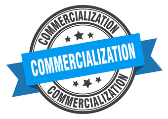 commercialization label sign. round stamp. band. ribbon