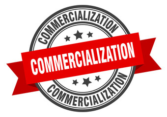 commercialization label sign. round stamp. band. ribbon
