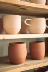 Fototapeta na wymiar Handmade clay pottery on the display