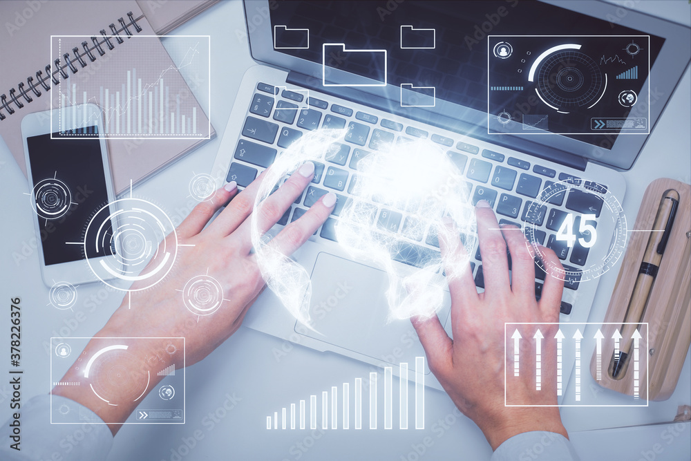 Poster double exposure of woman hands working on computer and forex graph hologram drawing. top view. finan