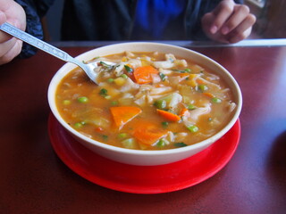 Thukpa (hand-pulled noodle soup) is a very common noodle soup in Tibetan cuisine, Leh, Ladakh, Jammu and Kashmir, India