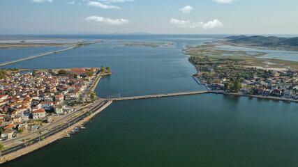 Fototapeta premium Aerial drone view of the famous island - fishing village of Aitoliko in Aetolia - Akarnania, Greece situated in the middle of Messolongi archipelago known as the Little Venice of Greece