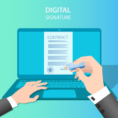 A businessman signs a contract using an electronic signature.Businessman's hands flash drive and document.Business activity concept of successful negotiations and agreements.Flat vector illustration.