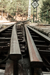 Fototapeta na wymiar Disassembled railroad tracks in the forest