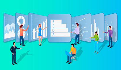 People study statistics.Businessmen study the infographic on the big screens.The concept of teamwork and data accounting.Business and project financing.Isometric vector illustration.