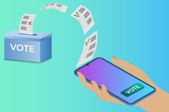 Online voting.A person votes using an app on their smartphone.Electronic voting concept Isometric vector illustration.