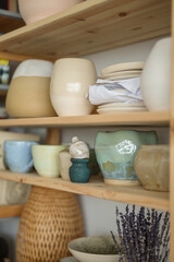 Handmade clay pottery on the display