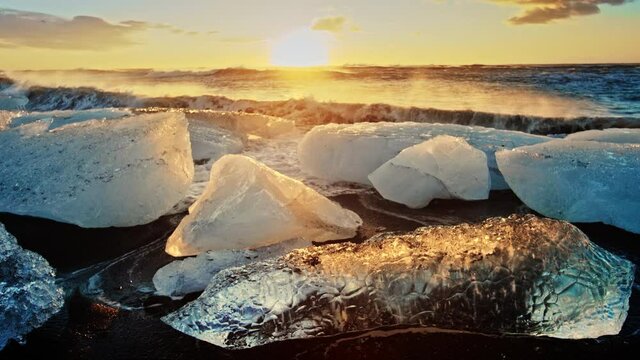 Slow motion close up, icebergs on Okulsarlon Beach in Iceland