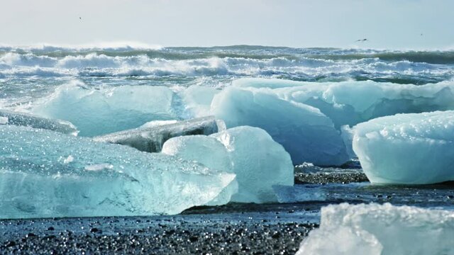 Close up, icebergs on beach in Iceland