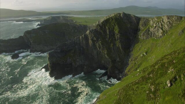 Panning aerial, coastal cliffs in Ireland