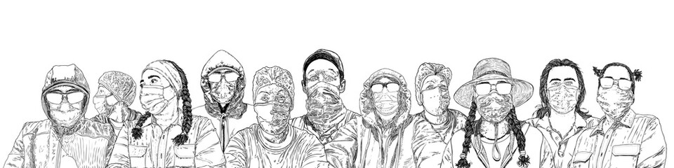 New Normal social concept. Composition of Crowd of men and women wearing protection from coronavirus COVID-19 virus and urban air pollution. People in protective medical face masks. Hand drawn Vector.