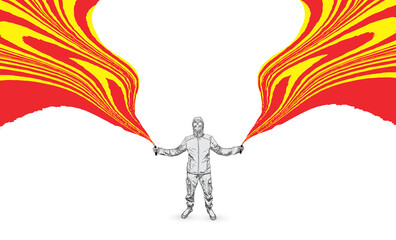 Black protestor with smoke bombs with red fire smoke. Demonstration activist in the mask and glasses at protest raised arms fists holding fires. Revolution, fight for your rights blm concept. Vector.