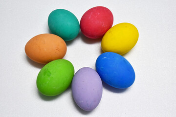 Closeup of Easter eggs on white background