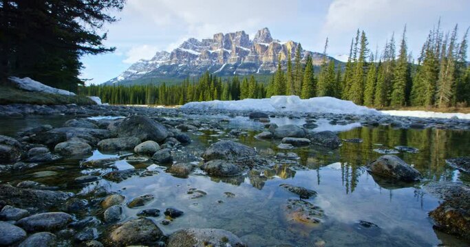 Low angle, creek under mountains in Banff National Park