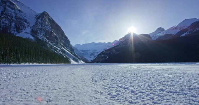 Wide, frozen lake in Banff National Park