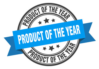 product of the year label sign. round stamp. band. ribbon