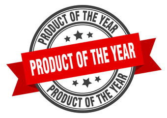 product of the year label sign. round stamp. band. ribbon
