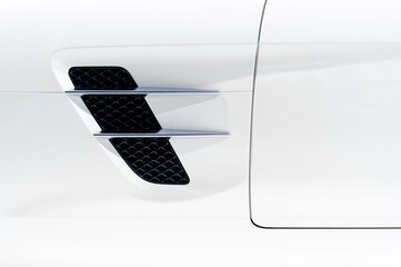 Sport car bodywork, detail of white racing vehicle with air intake, automobile industry - 378234170